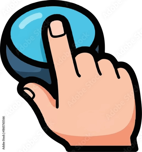 A cartoon hand presses a blue button