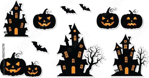 Spooky Halloween scene with haunted houses, pumpkins, and bats