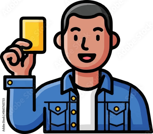 Man in denim jacket holding yellow card