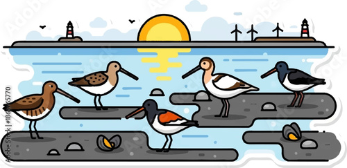 Coastal birds rest on rocks by the sea under a bright sun and distant windmills