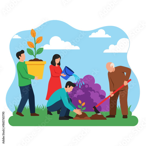 Group of people gardening together in a lush green environment.