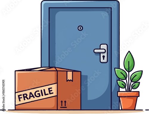 A delivery box marked "FRAGILE" sits by a blue door next to a potted plant