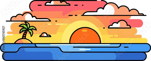 Stylized tropical island with a palm tree at sunset over a calm ocean