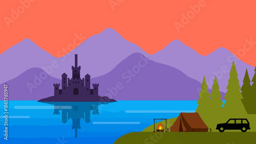 Camping by a serene lake with a majestic castle on an island.