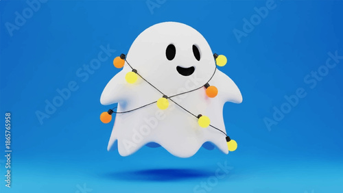 A friendly, cartoonish ghost wearing a string of orange and yellow festive lights