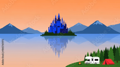 Serene lake landscape with fantasy castle and camper van.