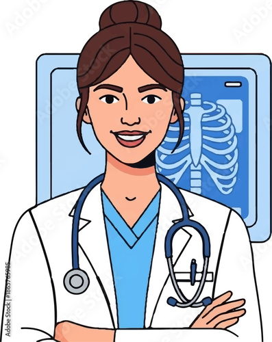 A friendly doctor in a white coat and stethoscope stands with arms crossed, a ribcage X-ray displayed behind her