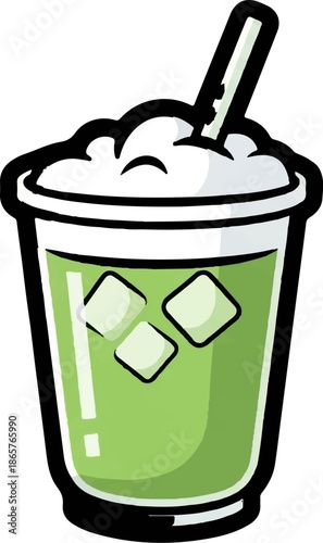 Refreshing green beverage with ice cubes and foam, served with a straw