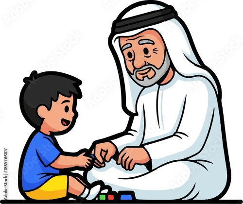 Grandfather and grandson interact, sharing a moment of playful learning with colorful blocks