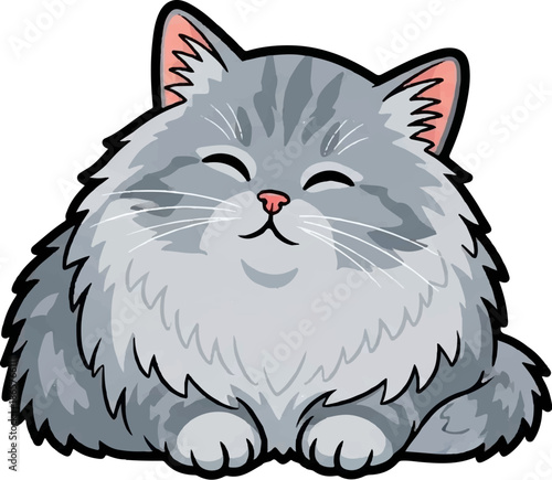 Adorable fluffy grey cat with closed eyes and pink nose, sitting contentedly