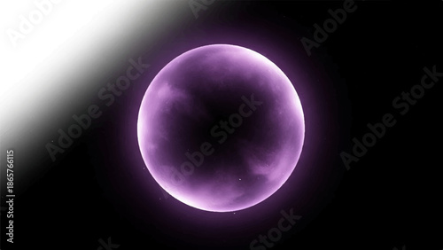 A luminous purple sphere glows against a dark, starry background with a gradient of light
