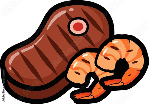 A grilled steak and several cooked shrimp