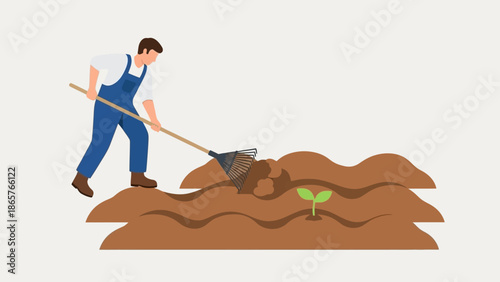 Farmer digging soil with shovel near young green plant.