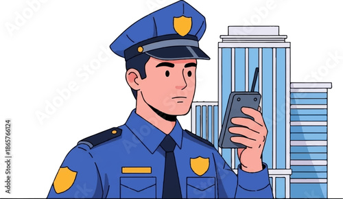 A police officer in uniform holds a walkie-talkie with a modern city skyline behind him