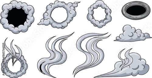 Collection of stylized smoke and cloud illustrations with various forms and rings