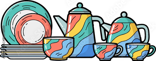 A colorful, retro-style tea set with teapots, cups, and stacked plates