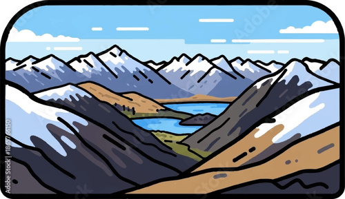 Snowy peaks overlook a tranquil blue lake nestled amidst rolling, earthy hills