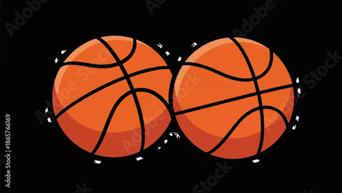 Two cartoonish orange basketballs with black lines on a black background