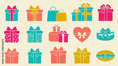 Colorful gift boxes and bags with ribbons and bows.