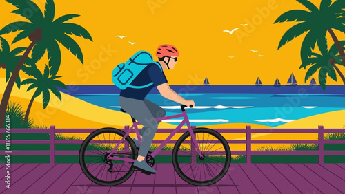 Man Riding Bicycle on Beachside Promenade at Sunset.
