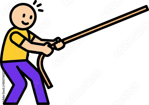 Person in yellow shirt and purple pants pulling a rope