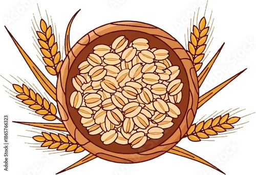 A wooden bowl overflows with golden oat flakes, surrounded by stalks of wheat