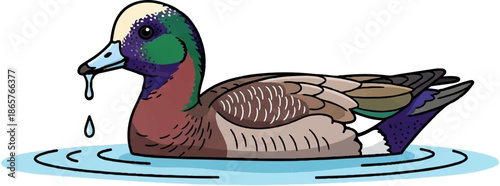 A vibrant, cartoon-style duck swims in light blue water, with a drip falling