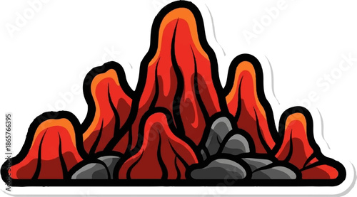 Stylized, abstract representation of fiery mountains with rocky base