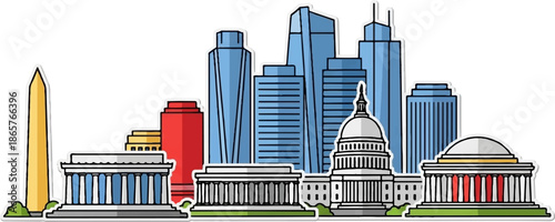 Stylized depiction of iconic buildings and modern skyscrapers against a white background