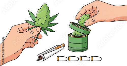 Hands preparing cannabis for smoking, showing bud, grinder, and joint