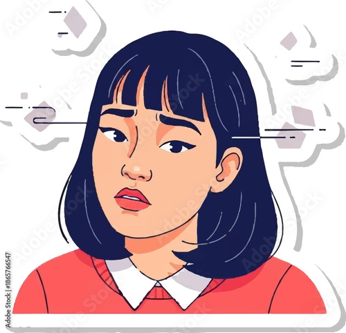 Expressive portrait of a young person with dark hair, looking worried with soft clouds