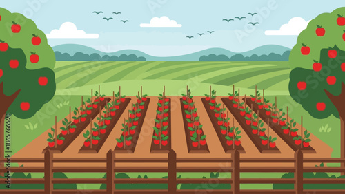 Illustration of a serene farm landscape with rows of plants and trees.