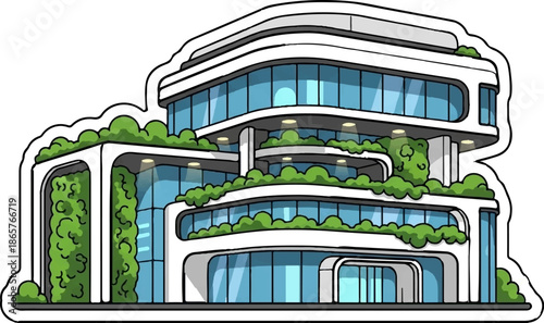 Modern, multi-story building with curved lines, blue windows, and abundant greenery