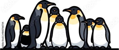 A stylized illustration of a family of penguins with varying sizes, standing close together