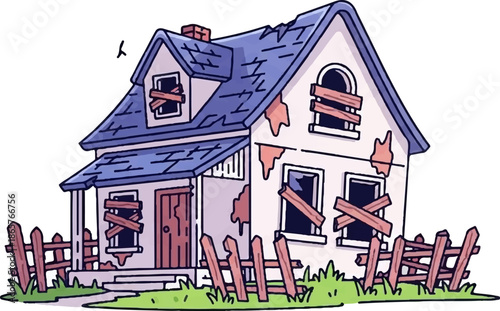 Abandoned cartoon house with boarded windows and broken fence