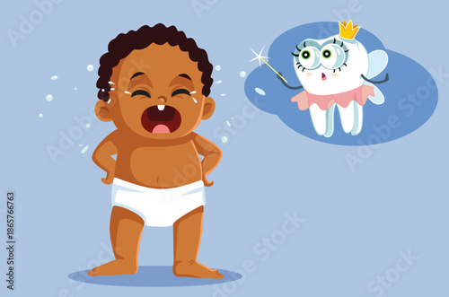 Baby Crying Because His First Tooth Came Out Vector Illustration.  Funny tooth fairy checking on a little infant having teething problems 
