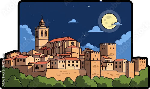 A charming medieval town under a starry, moonlit night sky with fluffy clouds