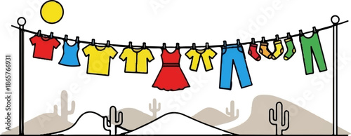 Colorful clothes hang on a clothesline under a bright sun, set against a desert landscape
