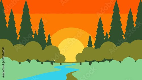 Serene landscape with river and trees at sunset.