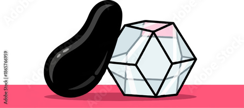 Black, faceted, and amorphous shapes rest on a pink surface against a white backdrop