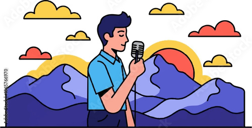 Young man sings into a vintage microphone against a colorful mountain landscape at sunset