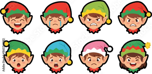 Collection of eight diverse cartoon elf faces, showcasing various expressions from joy to anger