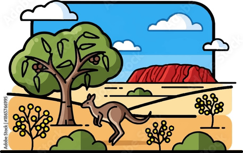Stylized Australian outback scene with kangaroo and Uluru