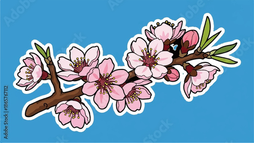 Pink blossoms on a brown branch against a bright blue background