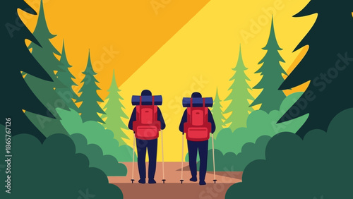 Two hikers with backpacks walking on a forest trail at sunset.