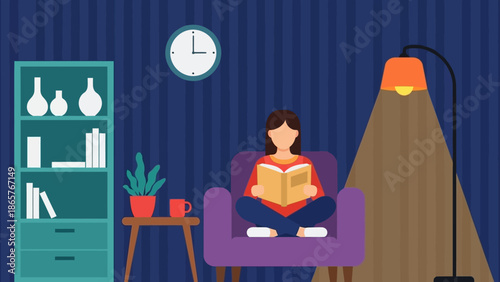 Woman Relaxing at Home Reading a Book in a Cozy Armchair.