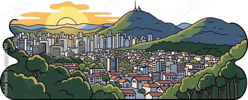 Rolling hills embrace a bustling city at sunrise, with distant mountains and lush trees