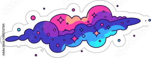 A whimsical, stylized cloud-like nebula bursts with vibrant, contrasting colors and sparkling stars