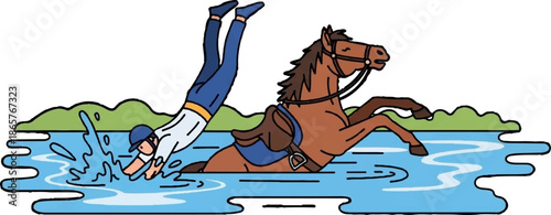 Diver plunges into water as horse leaps up beside him in a stylized scene