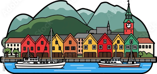 Colorful waterfront buildings with mountains and boats
